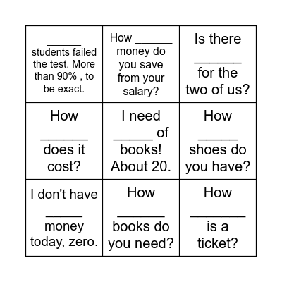 Quantifiers Bingo Card