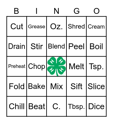 Recipe Vocab Bingo Card