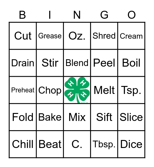 Recipe Vocab Bingo Card