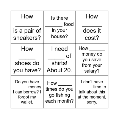 Quantifiers Bingo Card