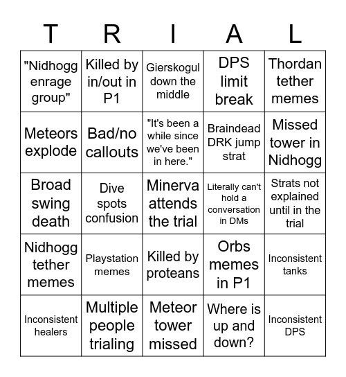 Minerva Trials Bingo Card