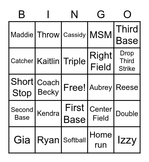 MSM Softball Bingo Card