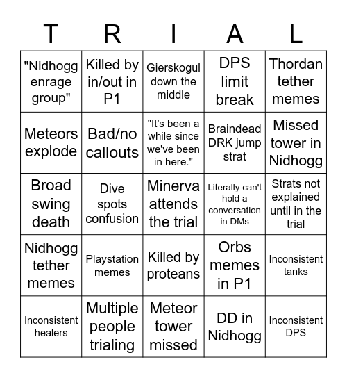 Minerva Trials Bingo Card