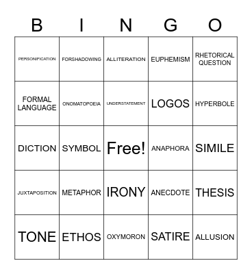 Rhetorical Devices Bingo Card