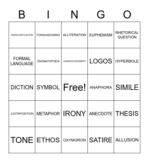 Rhetorical Devices Bingo Card