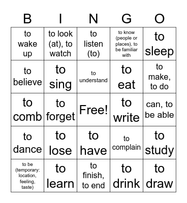 60 Verbos Más Usados Bingo Card