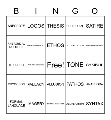 Rhetorical Devices Bingo Card