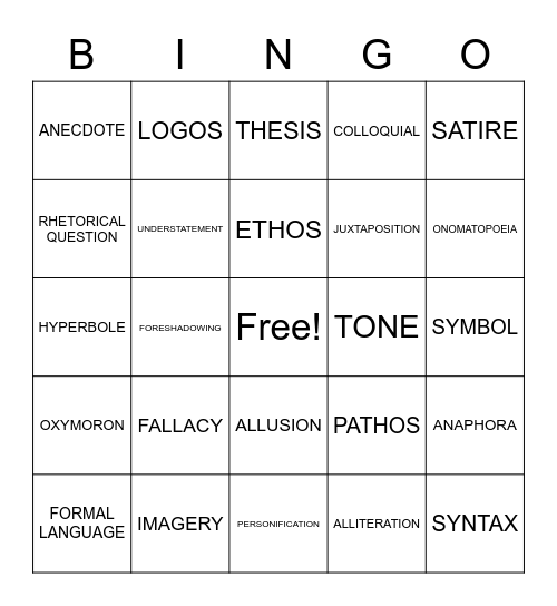 Rhetorical Devices Bingo Card