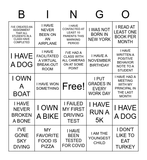 New Teacher Bingo Card