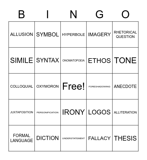 Rhetorical Devices Bingo Card