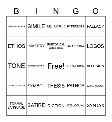 Rhetorical Devices Bingo Card