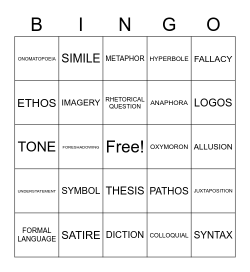 Rhetorical Devices Bingo Card