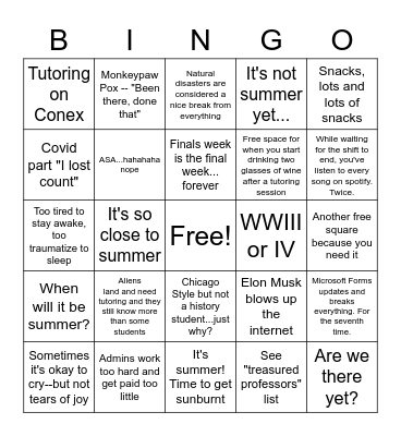 If things go wrong during Finals week Bingo Card