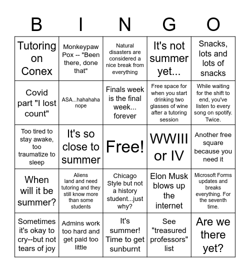 If things go wrong during Finals week Bingo Card