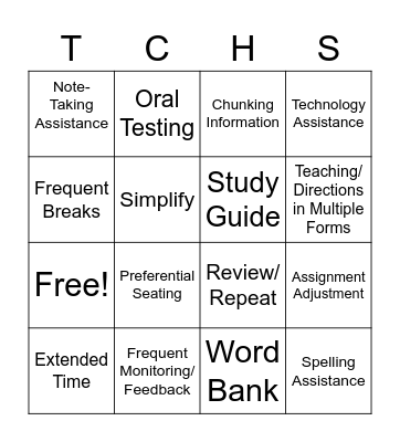 Accommodations Bingo Card