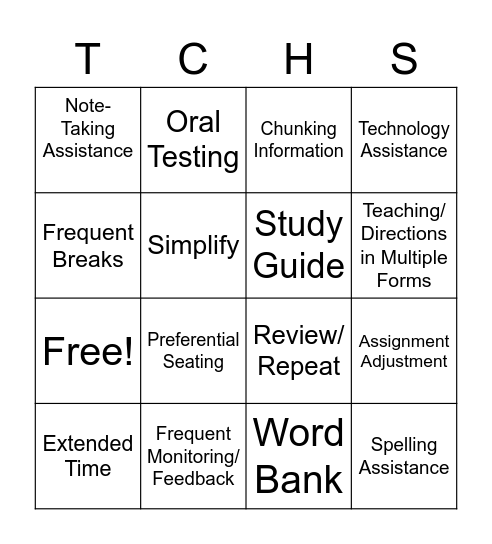 Accommodations Bingo Card