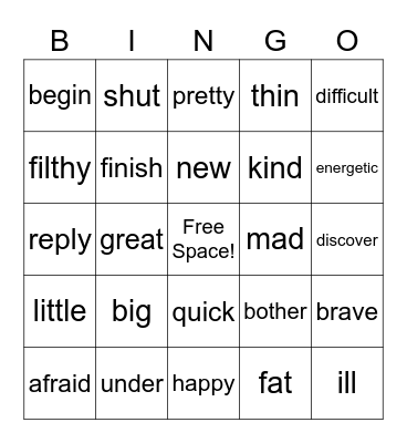 Antonym Bingo Card