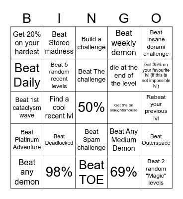 Geometry Dash Bingo Challenge Bingo Card