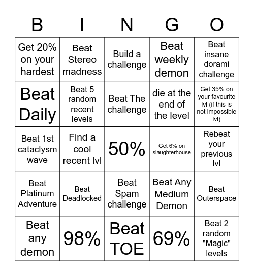 Geometry Dash Bingo Challenge Bingo Card