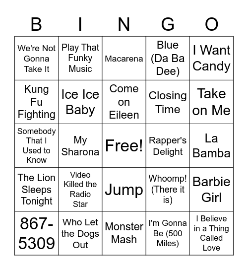 One Hit Wonder Bingo Card