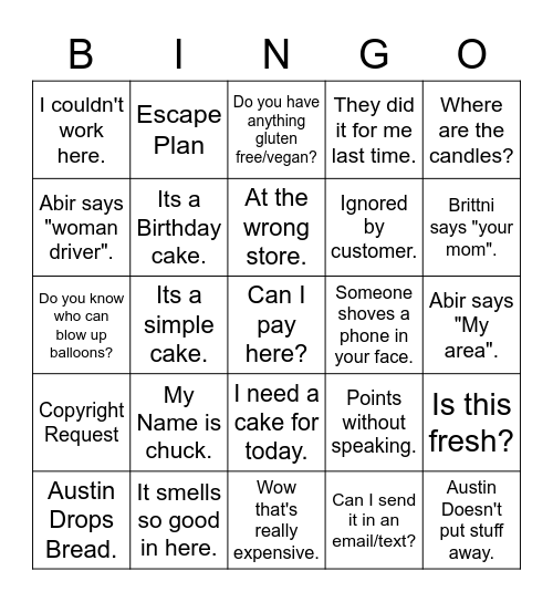 Bakery Bingo Card