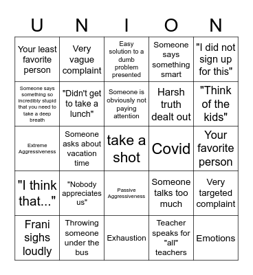 Mom's Union Bingo Card