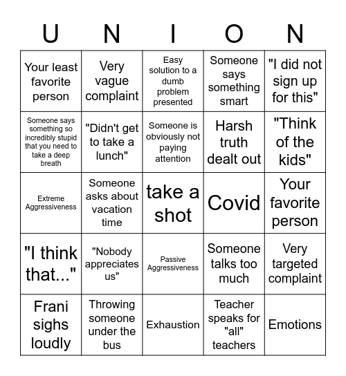 Mom's Union Bingo Card