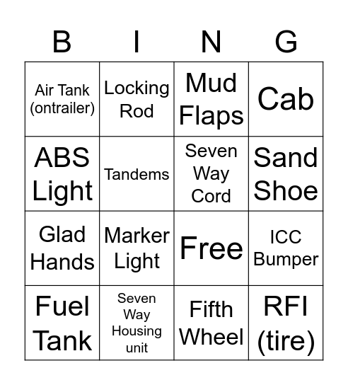 Semi Truck Bingo Card