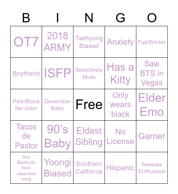 Dessy’s ARMY Bingo Card