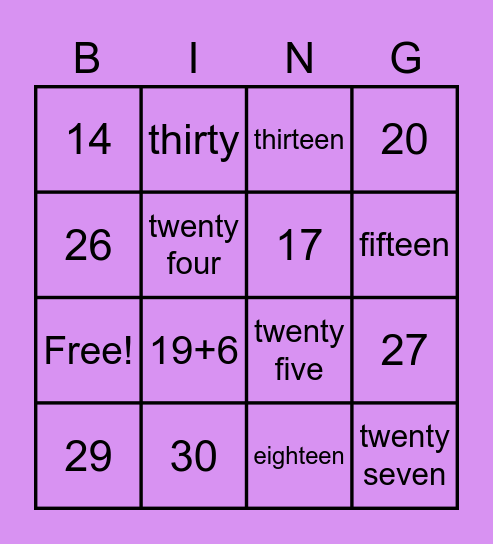 Bingo 11 to 30 Bingo Card