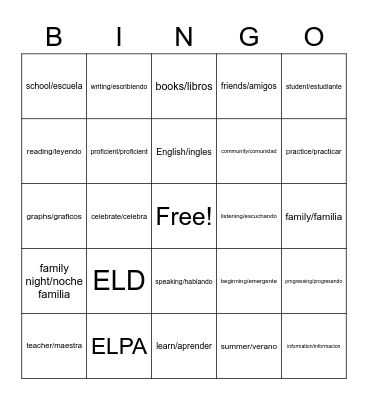ELD Family Night Bingo Card