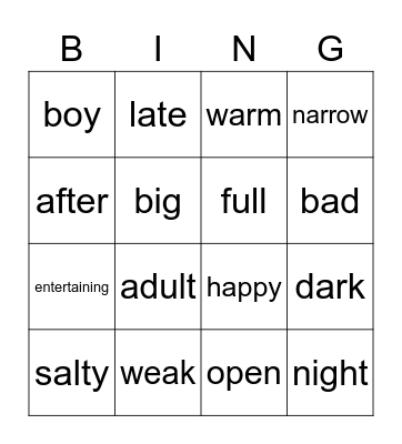 Opposites Bingo Card
