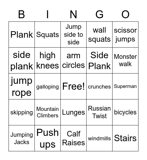 Exercise for kids Bingo Card