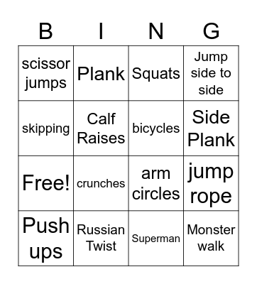 Exercise for kids (short) Bingo Card