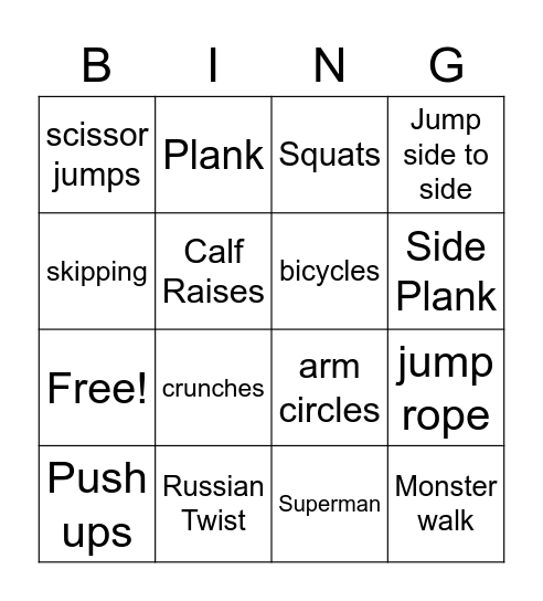 Exercise for kids (short) Bingo Card