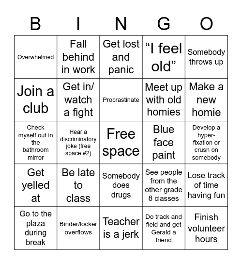 Highschool Bingo Card