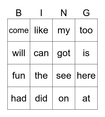 Snap Word Bingo! Bingo Card