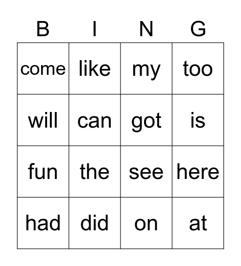 Snap Word Bingo! Bingo Card