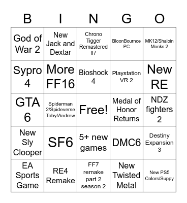 Sony Bingo Card