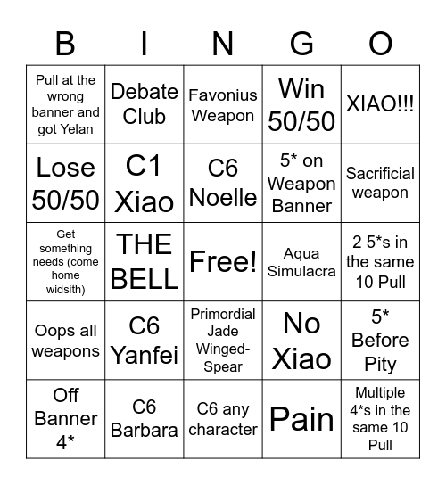 Xiao Banner Summons Bingo Card