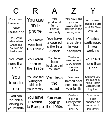 Yarnell Family Bingo Card