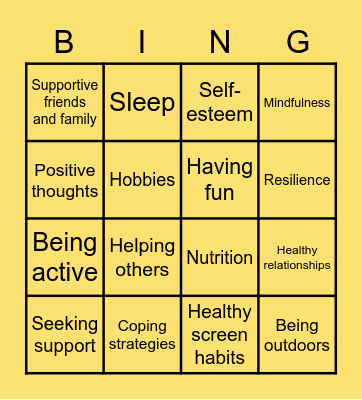 Emotional Health Bingo Card