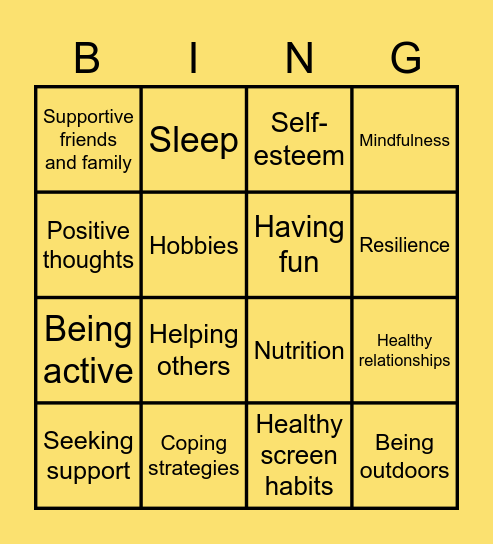 Emotional Health Bingo Card