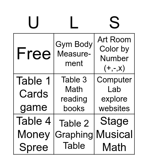 Family Math Night Bingo Card