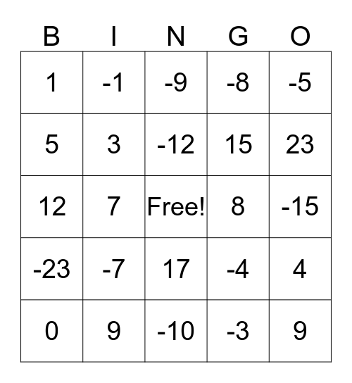 Integer Answers Bingo Card