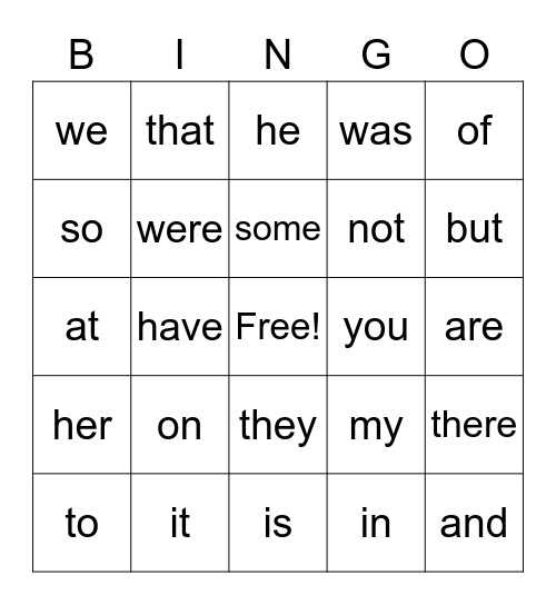 High-Frequency words Bingo Card