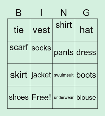 Clothes for me Bingo Card