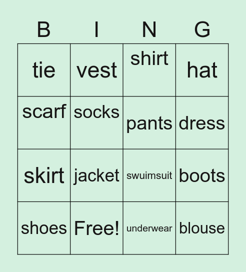 Clothes for me Bingo Card