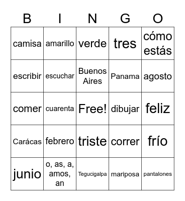 Everlasting Spanish Review Bingo Card
