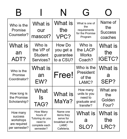 Promise Bingo Card